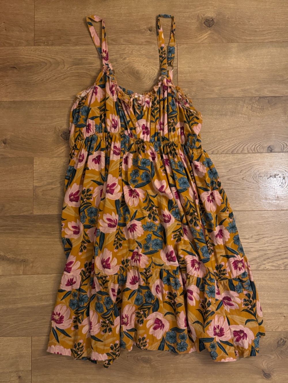 NATURAL LIFE Mustard Floral Midi Dress with Pink & Blue Blooms